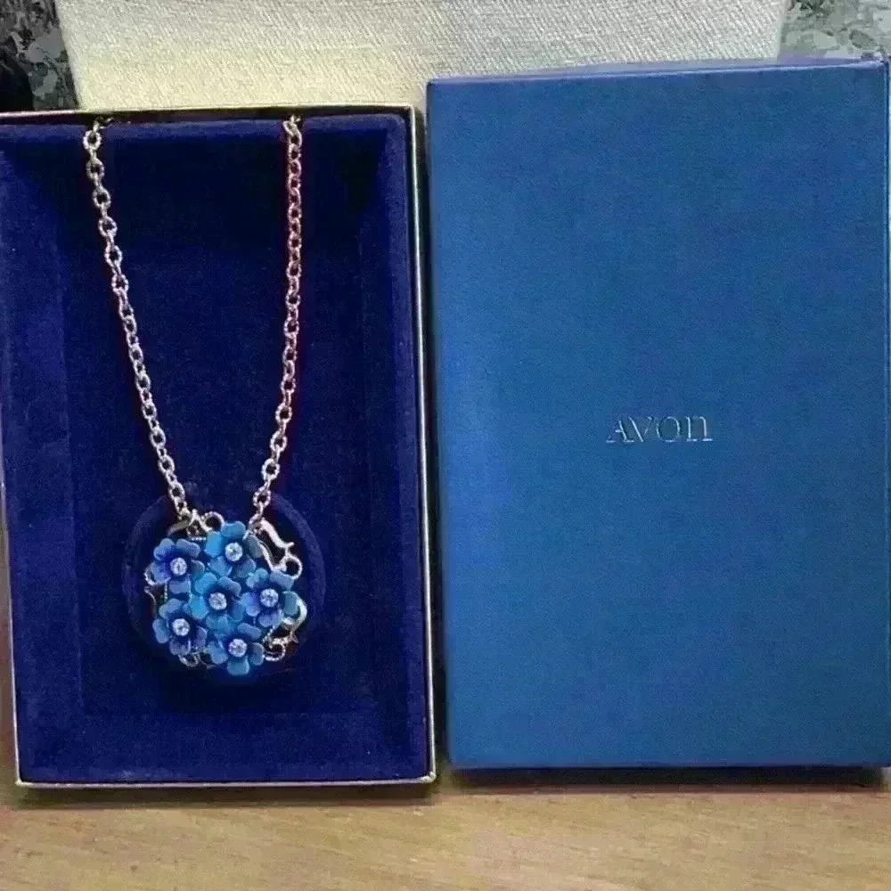 Avon Blue Flower Pendant Necklace and Brooch